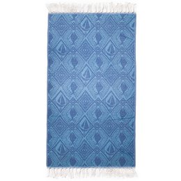 Blue peshtemal beach towel with sailboat and anemone pattern, fringed edges, lightweight cotton.