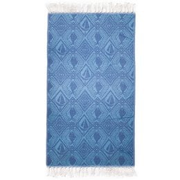 Blue peshtemal beach towel with sailboat and anemone pattern, fringed edges, lightweight cotton.
