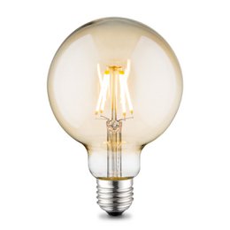 Dimmable LED globe-shaped light bulb with amber-colored glass, E27 base, 4W power, 400 lumens, and 2700K warm white color temperature.