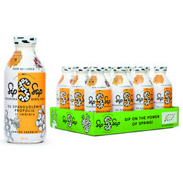 Cranberry, propolis, and ginger juice with a vibrant, colorful label design featuring playful graphics. The juice is packaged in a tall, slim can.