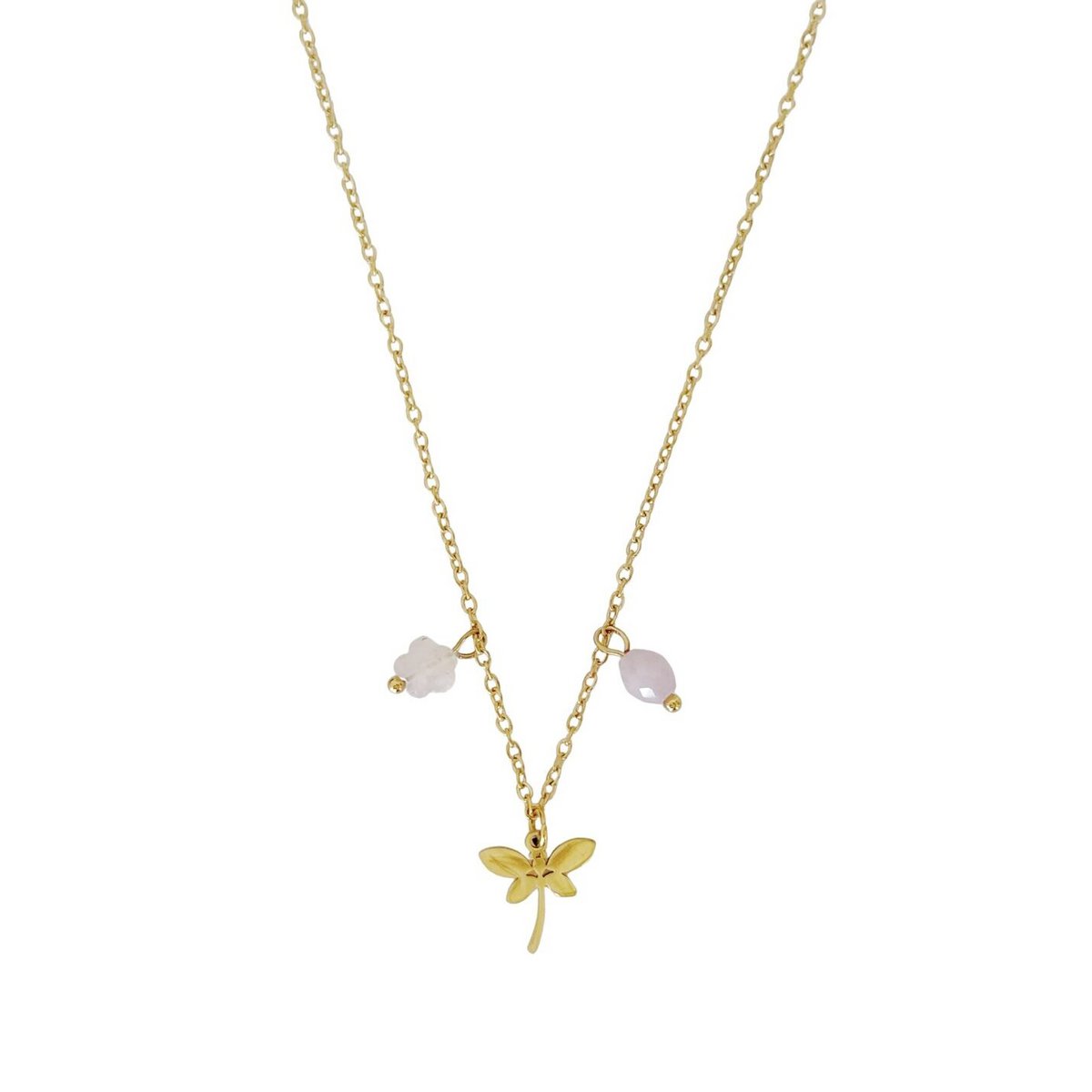 Collar de libélula con flor de cuarzo rosa y kunzita - Oro