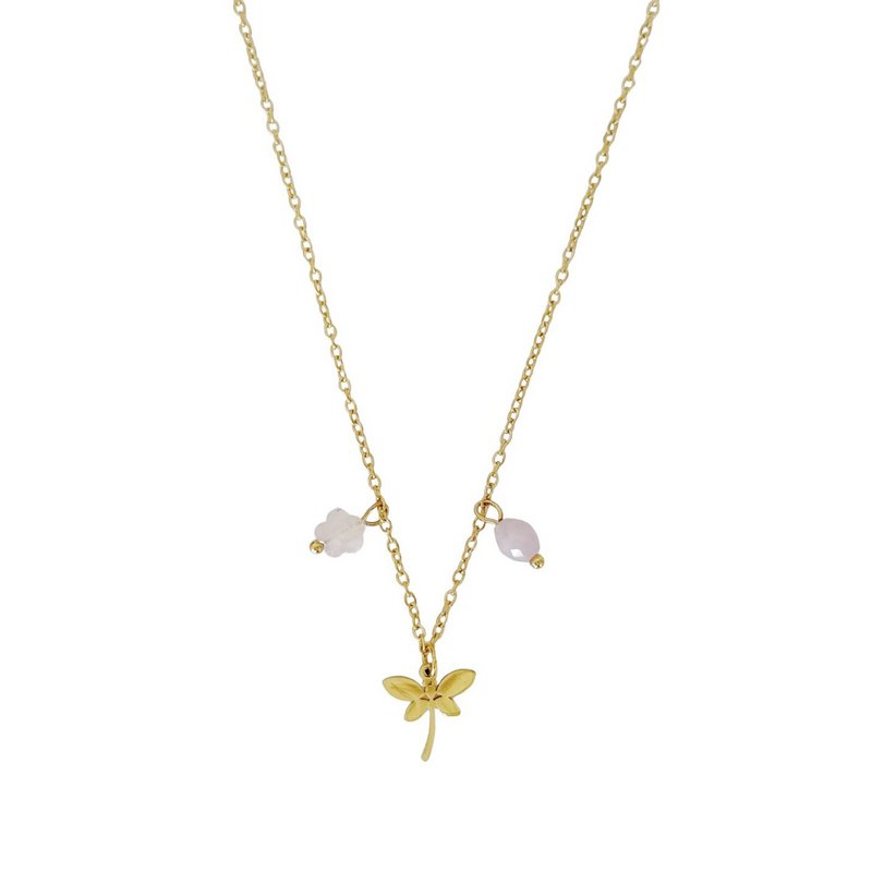 Dragonfly Rose Quartz Flower & Kunzite halskæde - guld