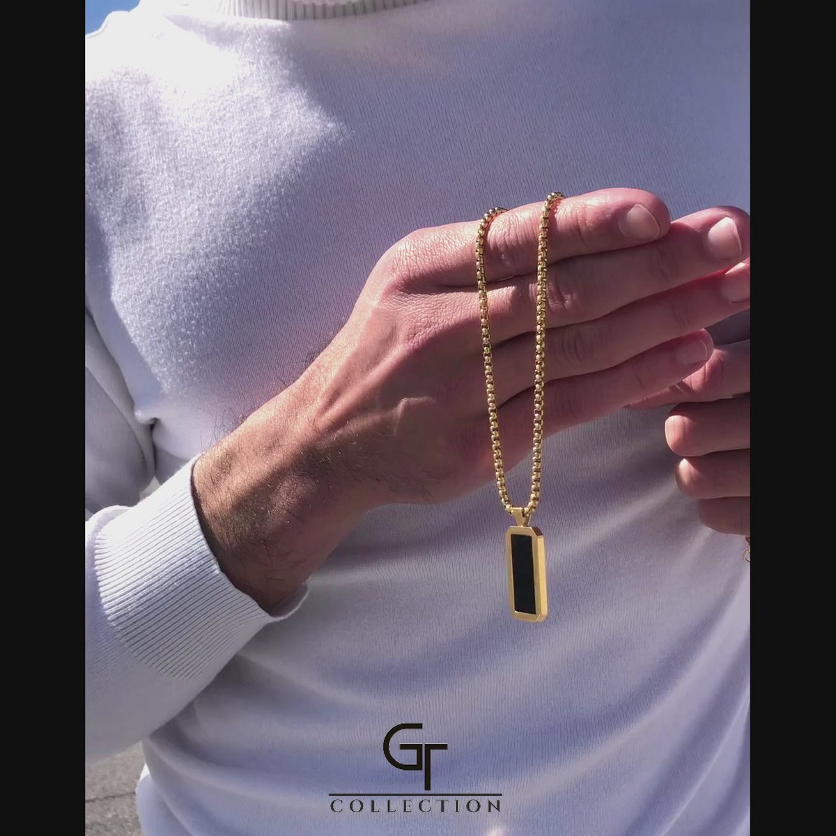 Collier en acier inoxydable doré pour hommes avec pendentif en onyx rectangle