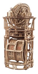  Wooden mechanical table clock, intricate gears, steampunk style, beige natural wood, celestial globe design, decorative craft.