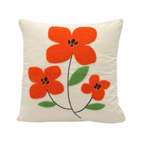 Decorative pillow with punch embroidery - flower - poppy flower - 43 x 43cm