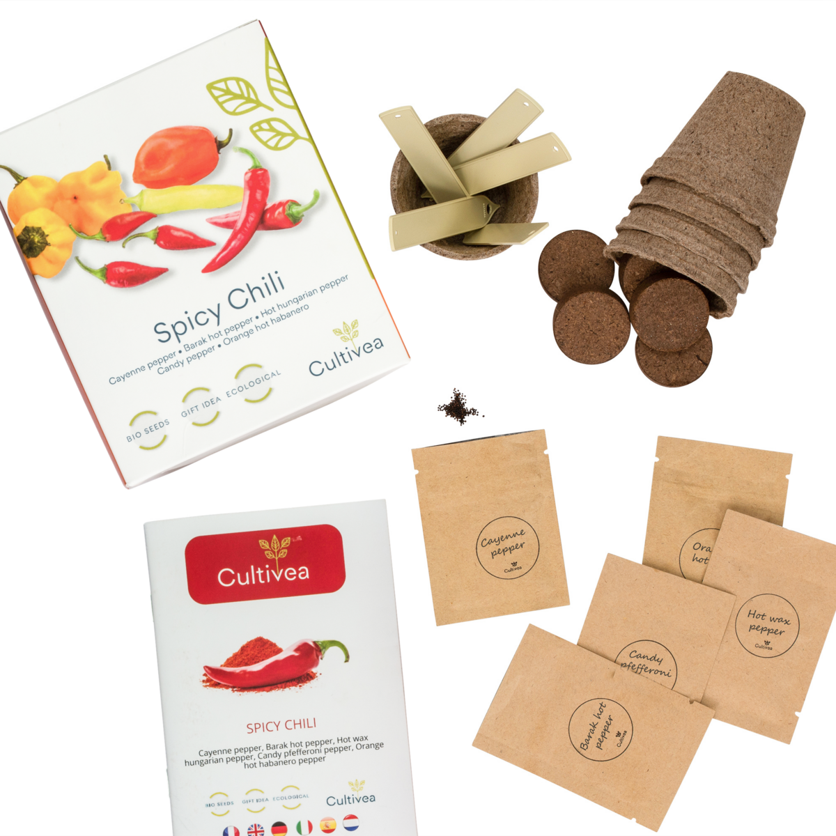CULTIVEA® Organic Chili Pepper Kit to Plant – Chili Seed Box with Habanero Orange, Cayenne, Barak, Hungarian and Candy Chili – Complete Vegetable Seed Kit – Gift Idea