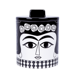 A black and white ceramic storage jar with a decorative face design, featuring a round shape, a lid, and a pattern of circles and diamonds around the face.