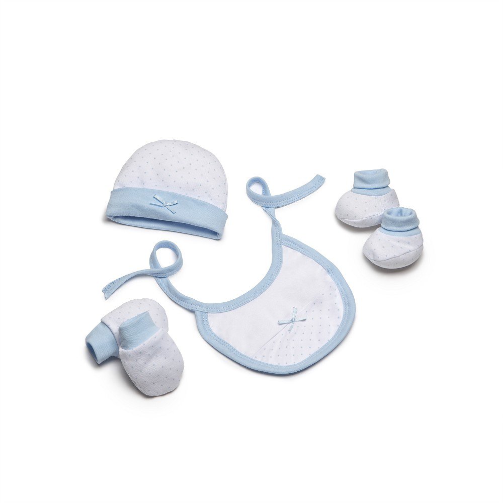 SET 4 STUKS (MUTS+HANDSCHOENEN+SLABBER+SOKKEN) VOOR NIEUWBORGEN (0-6 MAANDEN) - 100% KATOEN - MOD. BLAUW