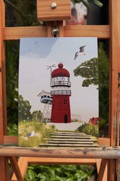 Red and white striped lighthouse illustration, coastal nautical art print, daytime scene with green landscape.