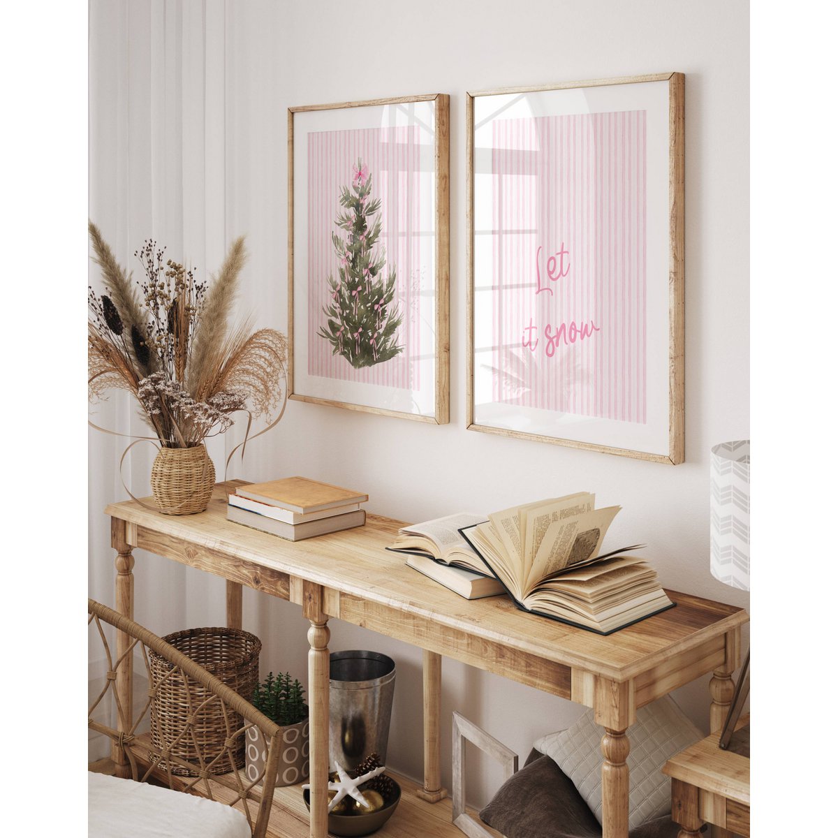 Plakat Kerst Let It Snow, Preppy Kerst Poster, Pink Christmas Plakat, Christmas Tree Poster, Pink Bows Print, Pink Christmas Decor