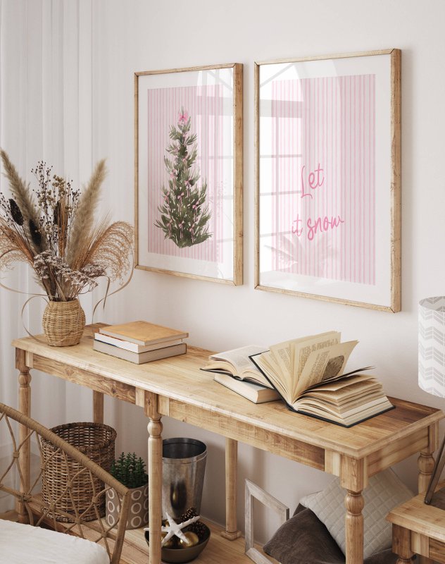 Plakat Kerst Let It Snow, Preppy Kerst Poster, Pink Christmas Plakat, Christmas Tree Poster, Pink Bows Print, Pink Christmas Decor