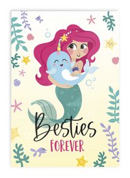 Colorful greeting card featuring a mermaid and her friend, with the text "Besties Forever" displayed prominently. The card is designed for celebrating friendship.