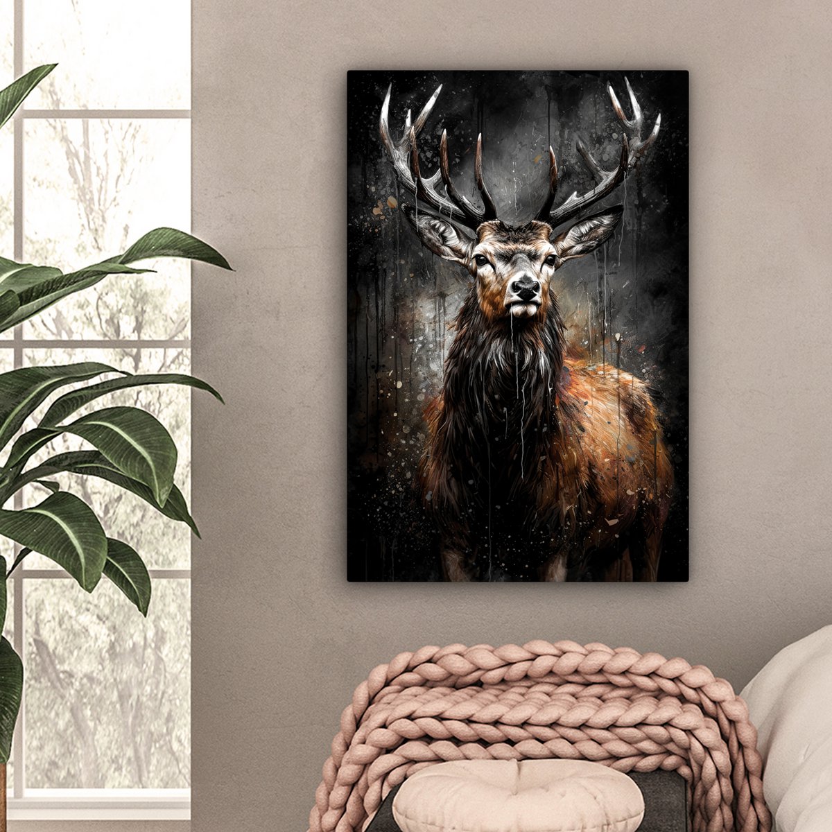 Leinwand Malerei - Wanddekoration Hert - Schwarz - Tier - Hirschbett - Wanddekoration Wohnzimmer - Schlafzimmer Dekoration - Raumzubehör - Leinwand Gemälde
