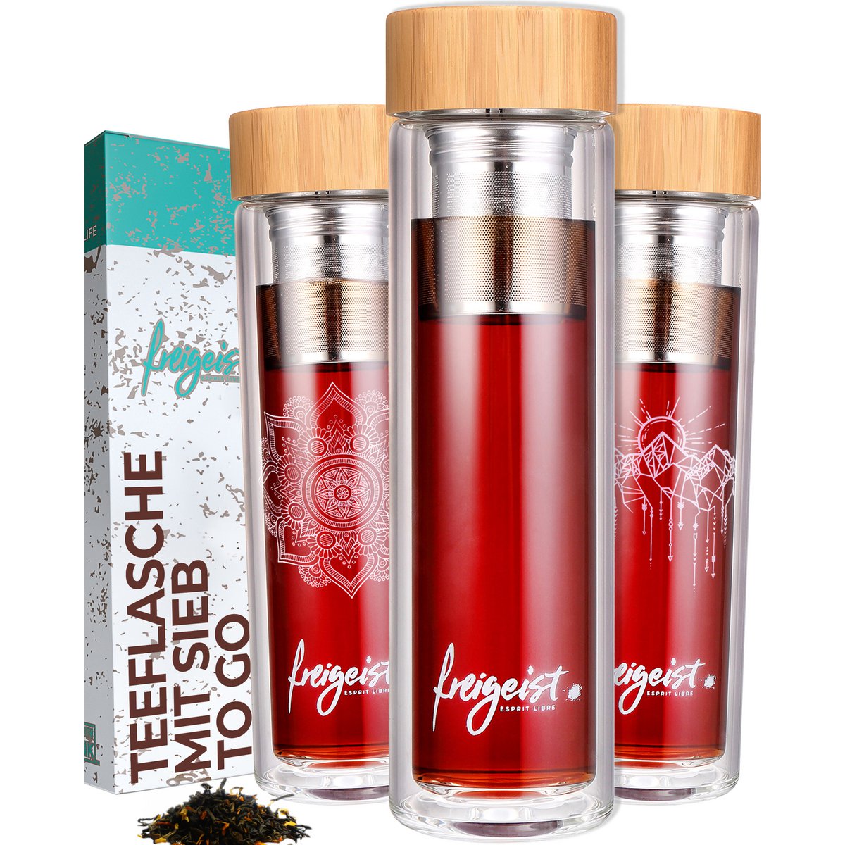 Teeflasche aus doppelwandigem Borosilikatglas, mit entnehmbarem Teesieb, 500ml