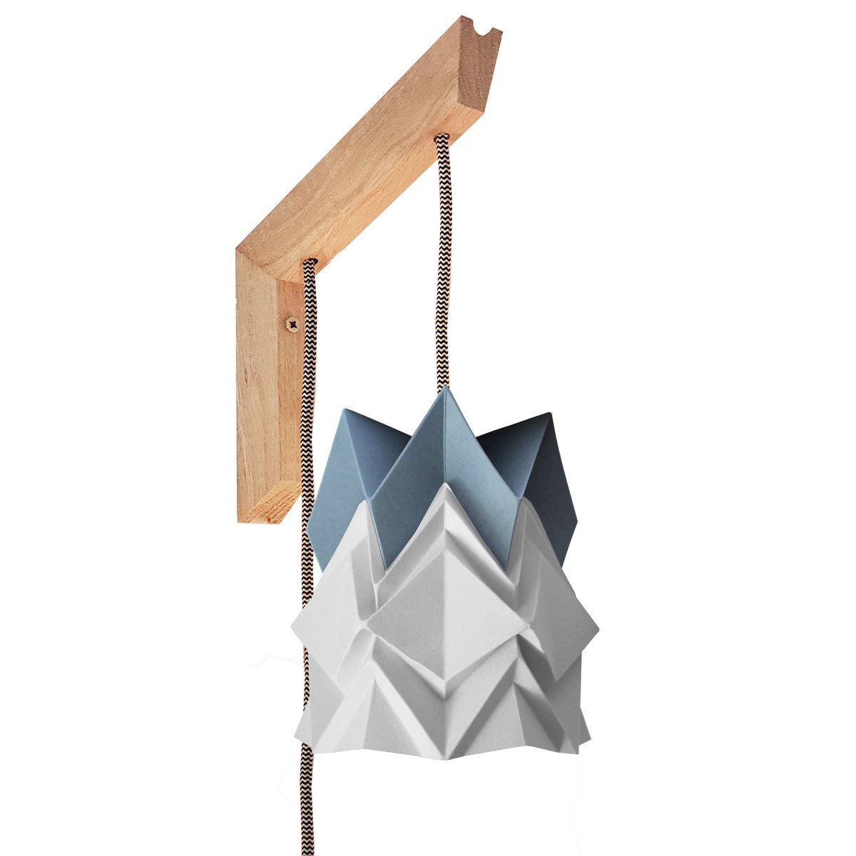 Holzwandleuchte und kleine zweifarbige Origami-Papierpendelleuchte