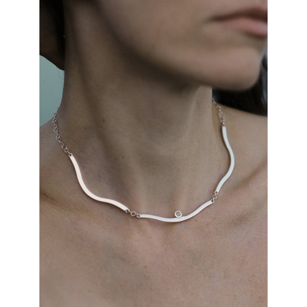 Sterling silver choker Wave with white Baltic amber