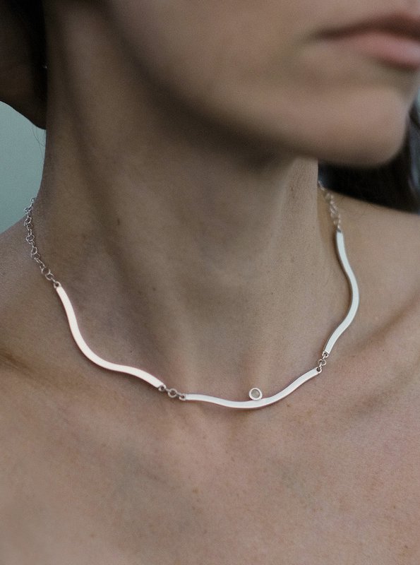 Sterling silver choker Wave with white Baltic amber