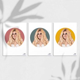 A set of 3 A5 greeting cards featuring a portrait of a woman with blonde hair against a colored background. The cards are available in rose, jaune, and vert color variants.