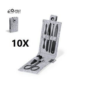 10 x Set 6 Manikürezubehör mit Tasche. Schwarzes Finish: Schere, Pinzette, Nagelschneidelemente, Datei und 2 Nagelhautentferner.