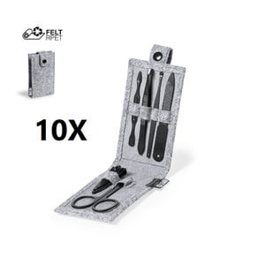 10 x Set 6 Manikürezubehör mit Tasche. Schwarzes Finish: Schere, Pinzette, Nagelschneidelemente, Datei und 2 Nagelhautentferner.