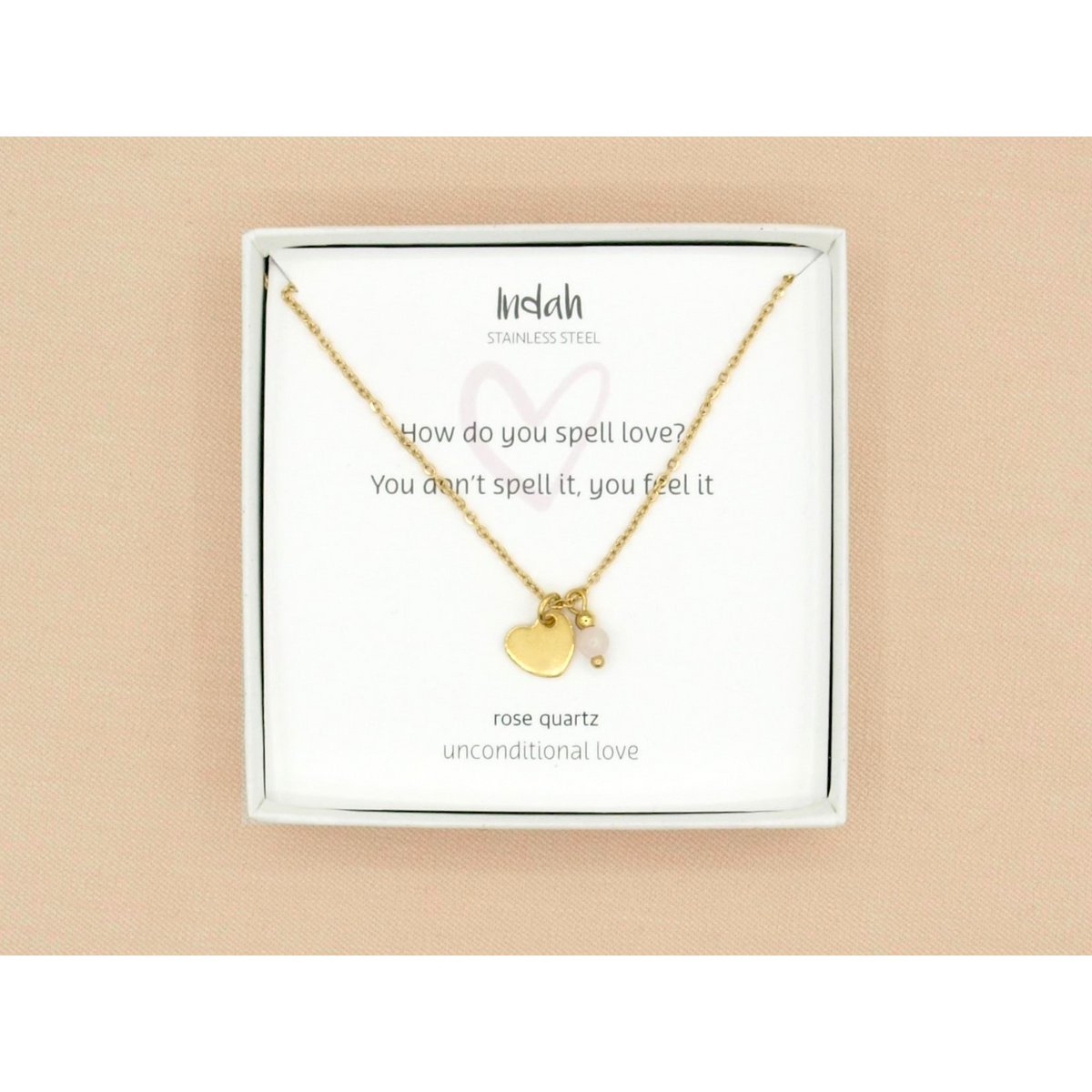 Ketting rock, hart en rozenkwarts, zilver of goud stainless steel