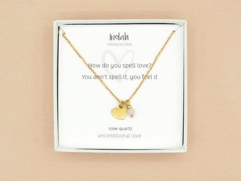 Ketting rock, hart en rozenkwarts, zilver of goud stainless steel