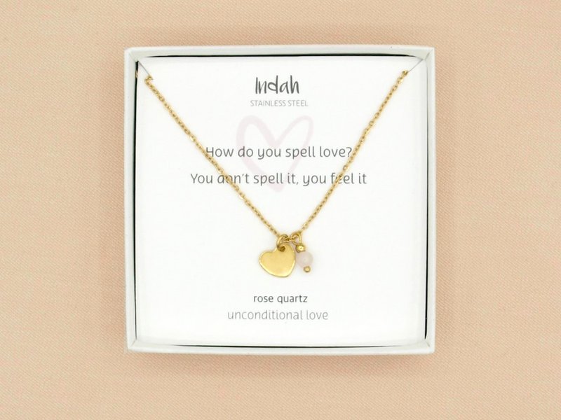 Ketting rock, hart en rozenkwarts, zilver of goud stainless steel