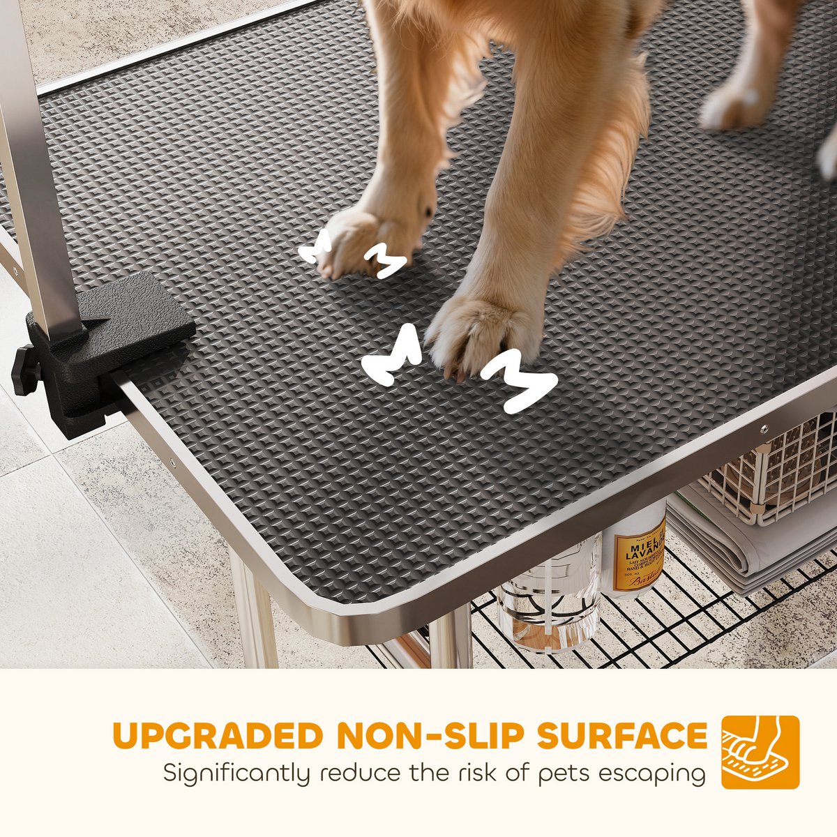 Trimming table for dogs, dog grooming table, foldable, pet grooming table with height-adjustable boom, slings, non-slip surface, shearing table up to 150 kg, 91.5 x 61.5 x 76 cm, black
