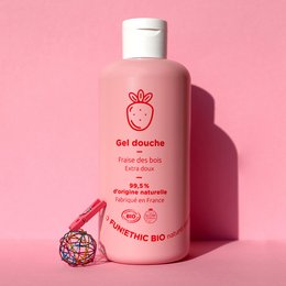 Gel de ducha extra suave certificado Cosmos Organic - Fragancia gourmet afrutada de fresa silvestre 100% natural orgánico