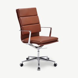  Cognac leather and chrome office chair with a modern, minimalist design. The chair features a high back, padded seat, and swivel base for comfortable and ergonomic seating.