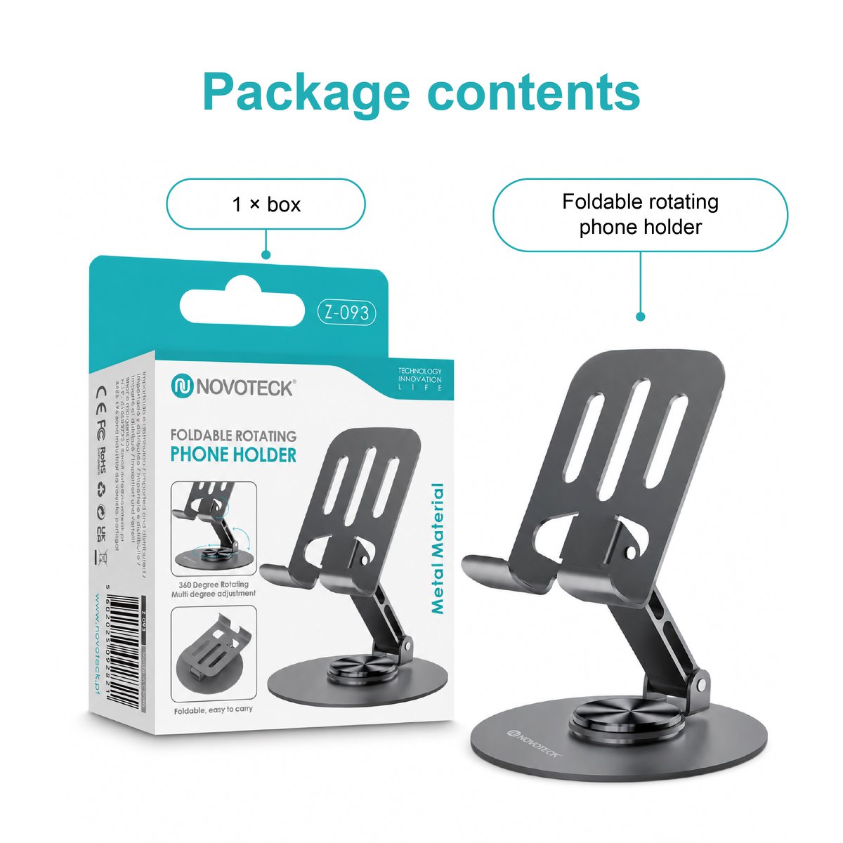 NOVOTECK Z-093 Soporte Giratorio Plegable para Teléfono – Soporte Metálico Ajustable 360° para Smartphones y Tabletas
