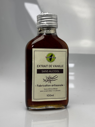 A small glass bottle containing a dark brown liquid labeled "Extract de Vanille" (Vanilla Extract) with a simple, minimalist design.