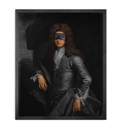 A framed wall art piece depicting a person wearing a blindfold and dark clothing against a dark, patterned background.