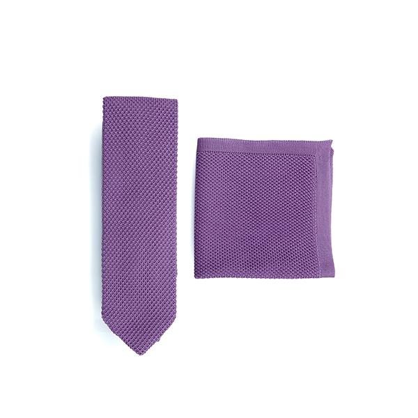 Lila Strickkrawatte und Einstecktuch-Set
