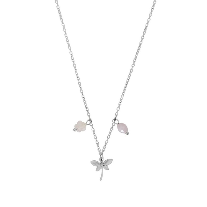 Dragonfly Rose Quartz Flower & Kunzite Halskæde - Sølv