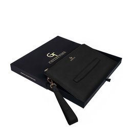 Men's Leather Hand Bag - Black with golden details