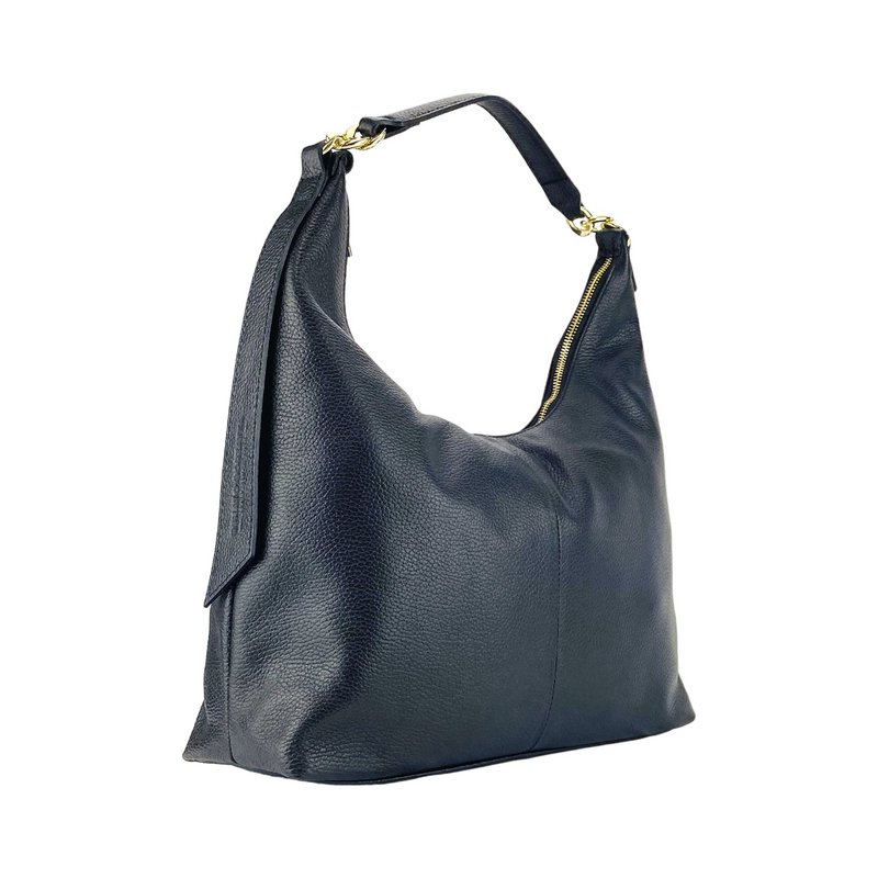 RB1017A | Soft women's shoulder bag in genuine leather Made in Italy with single handle and removable shoulder strap. Attachments with shiny gold metal snap hooks - Black color - Dimensions: 36 x 40 x 13 cm