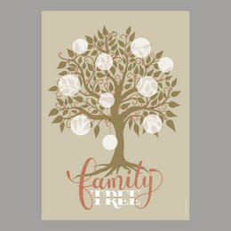 A decorative poster featuring a family tree design with white flowers and leaves in shades of brown. The text "Family Tree" is prominently displayed in a cursive font.
