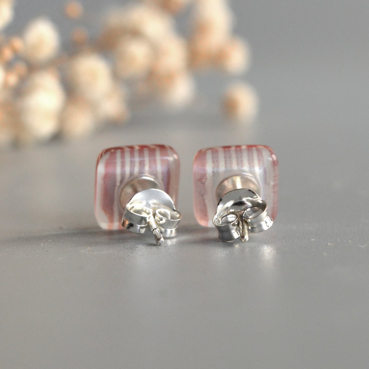 Tiny  black white striped earrings with sterling silver posts
