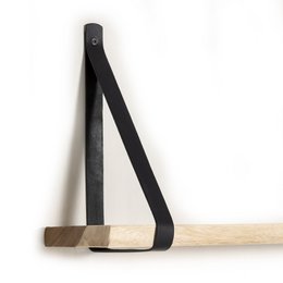 Wandregal Holz und schwarze Lederbänder