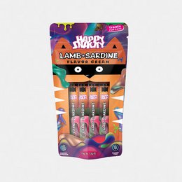 Lamb and sardine creamy cat treat, orange packaging, multi-pack sticks, pet food supplement.