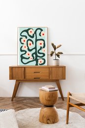 Vibrant abstract poster with organic, flowing shapes in shades of green. Suitable for modern, minimalist home decor.