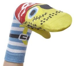 Colorful pirate-themed children's sock puppet with stripes, patterns, and a playful design. Made of soft, comfortable material suitable for kids aged 3-8 years.