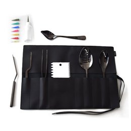 Black stainless steel chef plating tools set with colorful markers, professional kitchen utensils.