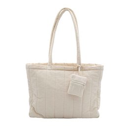 Beige tote bag with long handles, made of durable canvas material, suitable for everyday use or as a shoulder bag.