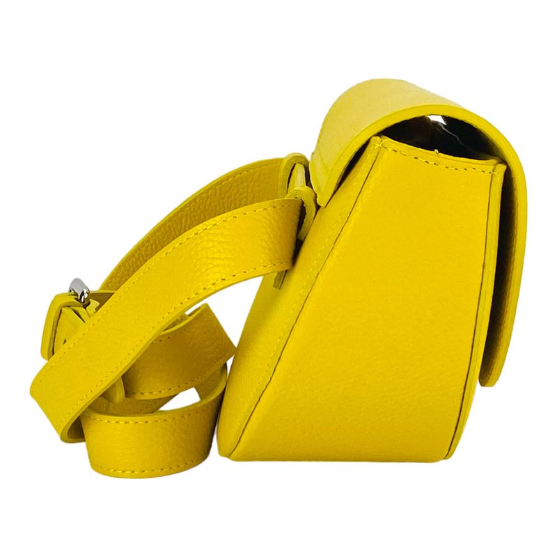 RB1027R | Runde Damen-Umhängetasche aus echtem Leder, hergestellt in Italien. Abnehmbarer und verstellbarer Schultergurt aus Leder. Zubehör aus poliertem Nickel – gelbe Farbe – Maße: 25 x 15 x 9 cm