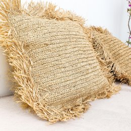 Raffia pillow cover with fringes 50cm