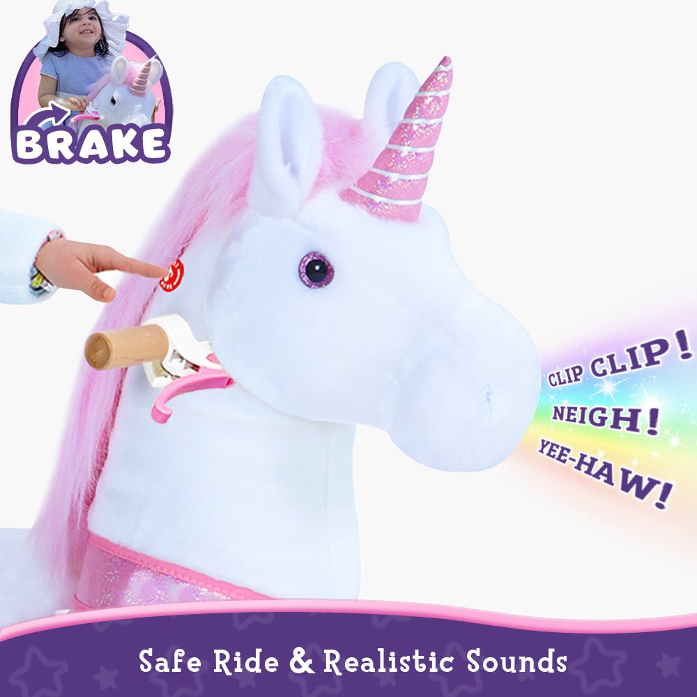 PonyCycle Official Classic Ride on Toys Modèle U Licorne blanche, rose et violette - avec frein et son