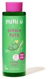 Green bath foam bottle with pink cap, bubble bath formula, playful design for kids, gentle cleansing product.