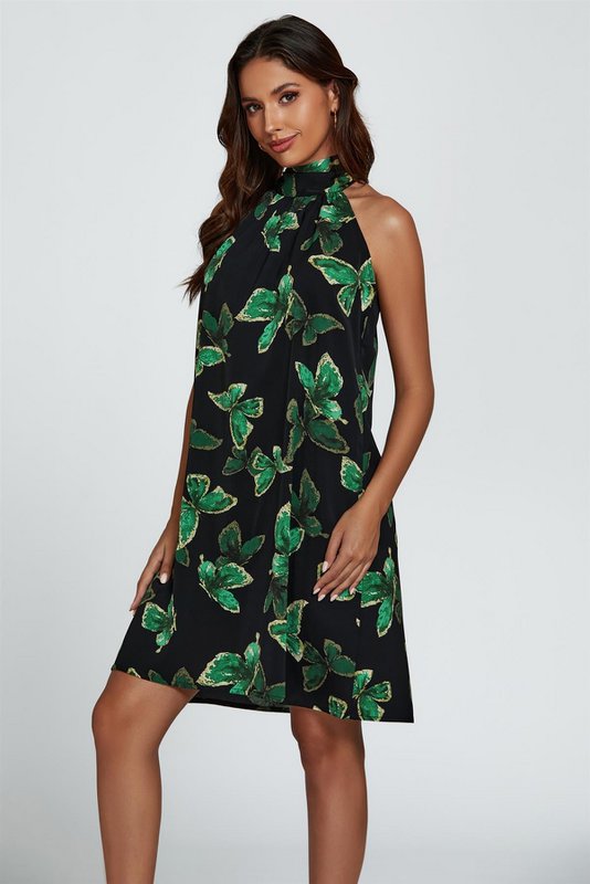 Butterfly Print Halter Neck Bind Mini Dress i grøn